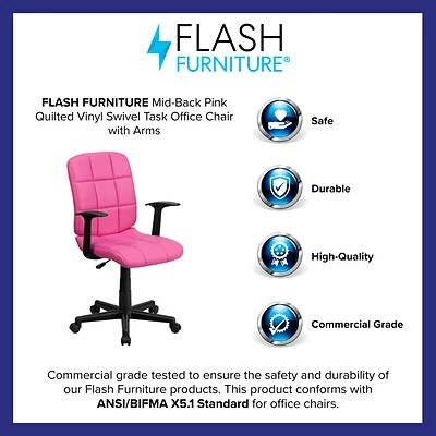 Wholesale ๐ Task Chairs Flash Furniture Mid-Back Quilted Vinyl Task Chair With Nylon Arms, Pink โจ 6 Wholesale ๐ Task Chairs Flash Furniture Mid-Back Quilted Vinyl Task Chair With Nylon Arms, Pink โจ - Image 4